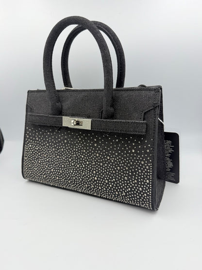 Borsa bauletto nera con strass e chiusura argentata