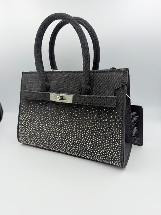 Borsa bauletto nera con strass e chiusura argentata