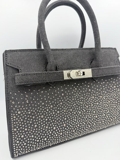 Borsa bauletto nera con strass e chiusura argentata