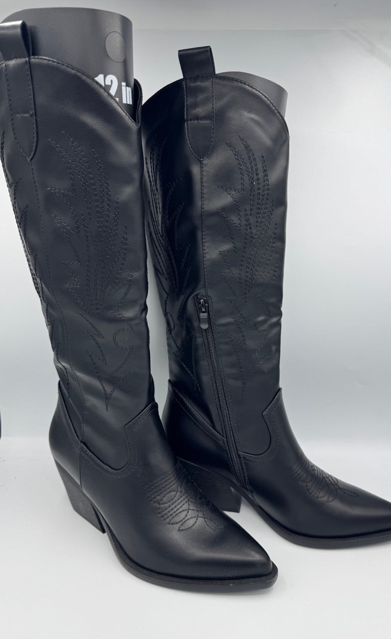 Stivale texano nero in ecopelle con cuciture decorative
