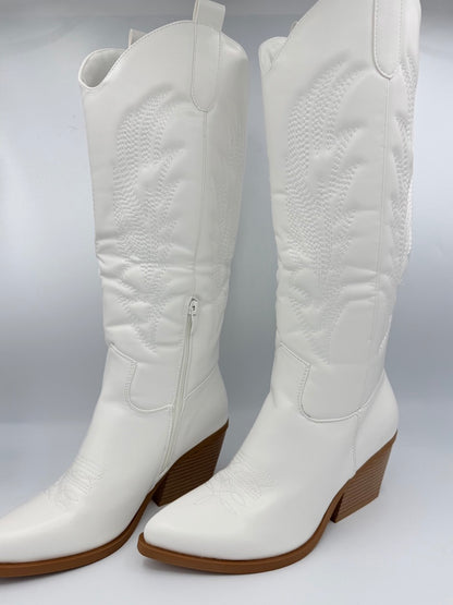 Stivale texano bianco in ecopelle con cuciture decorative