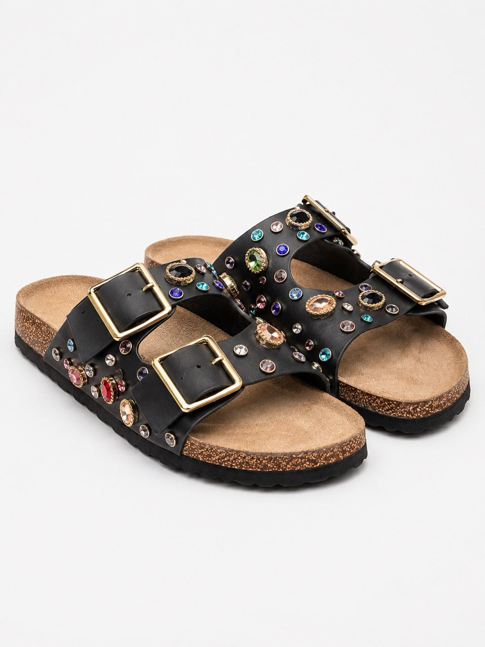 Ciabatta nera con doppia fibbia dorata e pietre multicolor