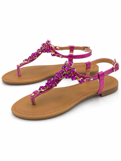 Sandalo basso fucsia con pietre gioiello e cinturino