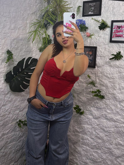 Corsetto rosso con scollo a V e spalline sottili