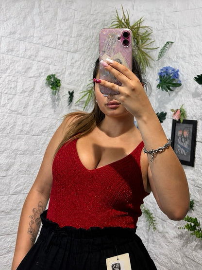 Canotta in lurex a costine con scollo a V