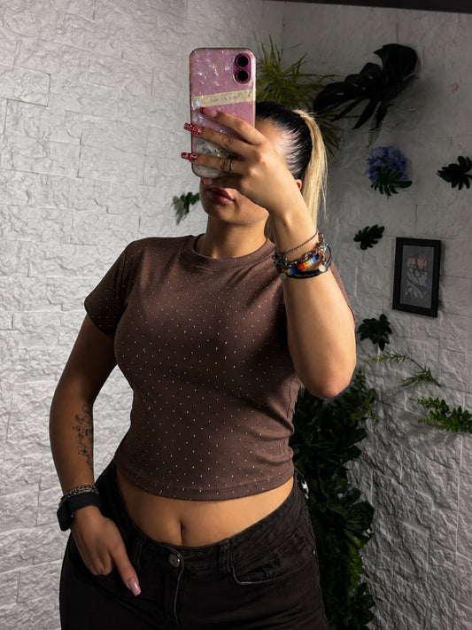 T-shirt crop-top in tinta unita con brillantini