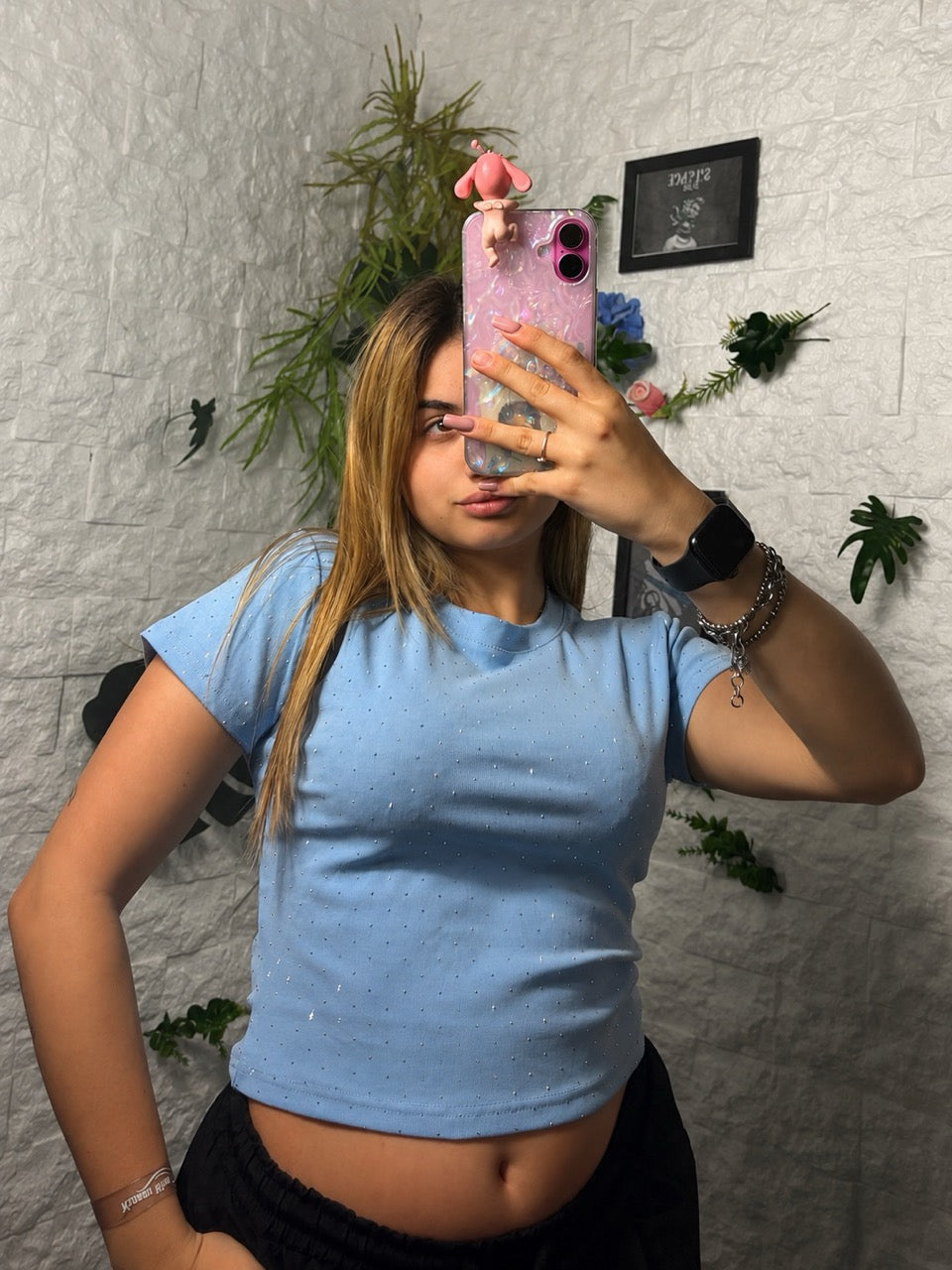 T-shirt crop-top in tinta unita con brillantini