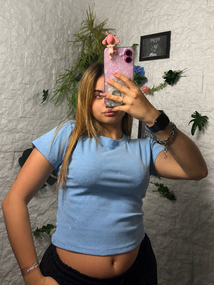 T-shirt crop-top in tinta unita con brillantini