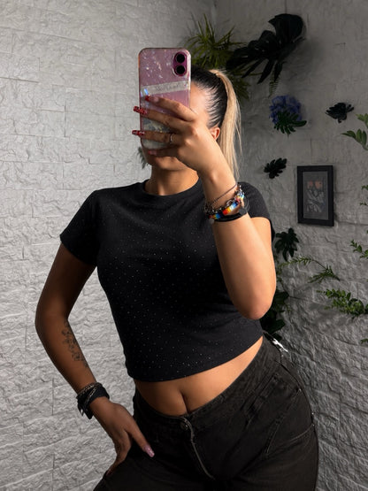 T-shirt crop-top in tinta unita con brillantini