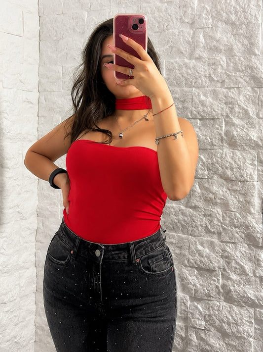 Body in lycra tinta unita con choker abbinato