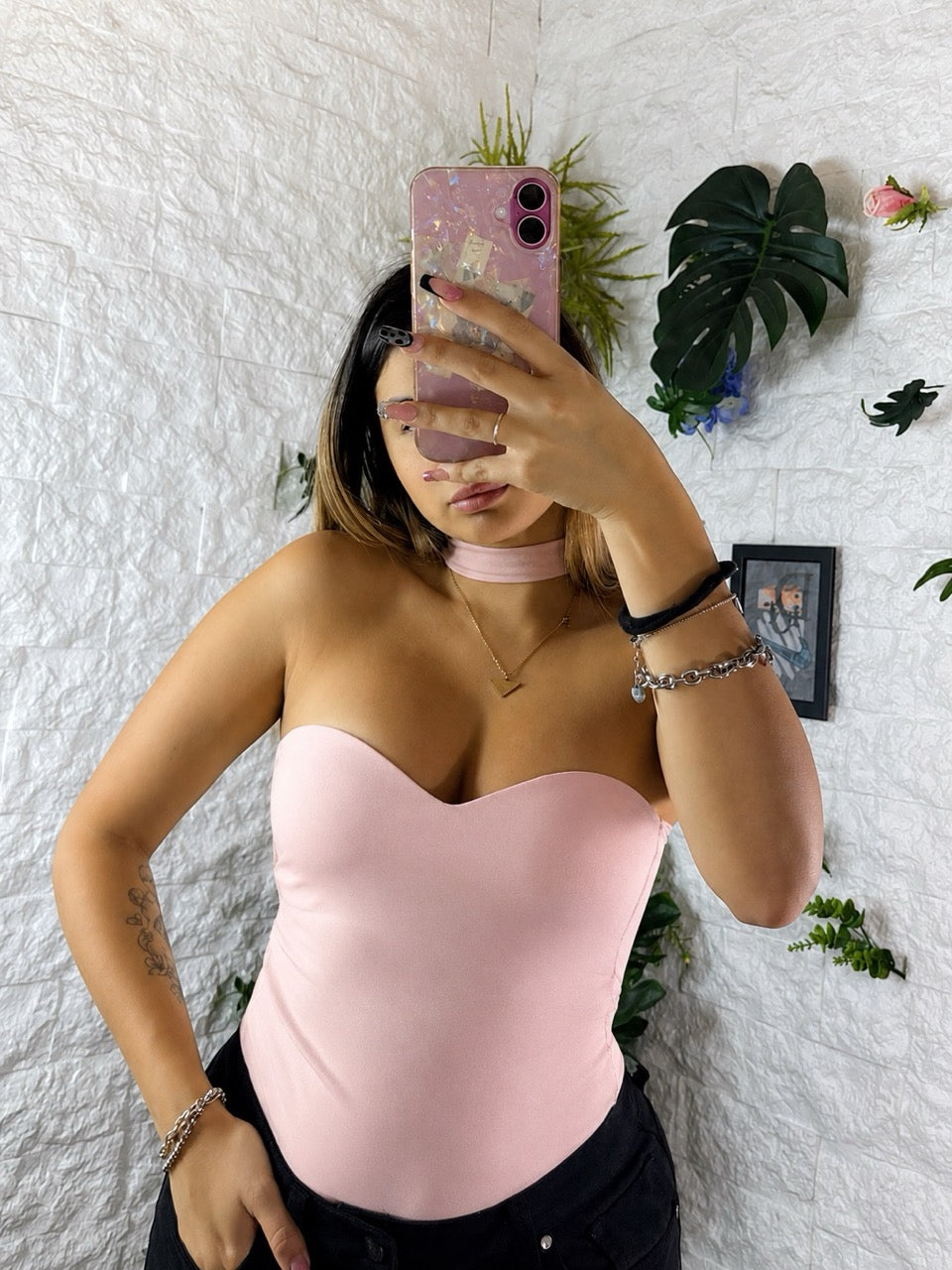Body in lycra tinta unita con choker abbinato