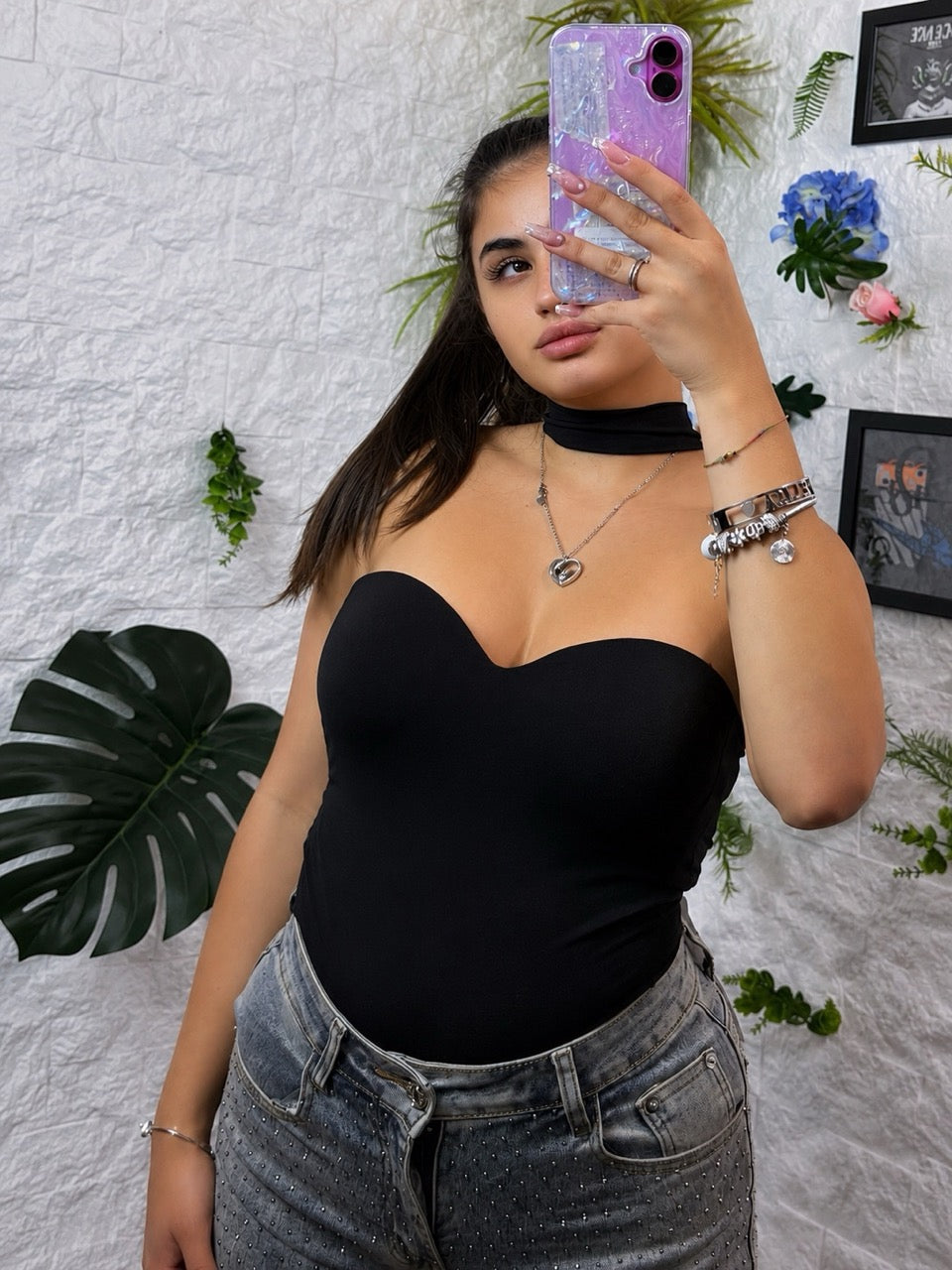 Body in lycra tinta unita con choker abbinato