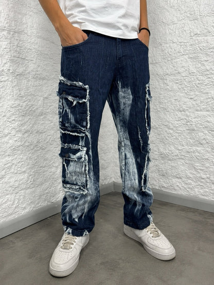 Jeans cargo blu con tasconi e strappi sfilacciati 4-14 anni