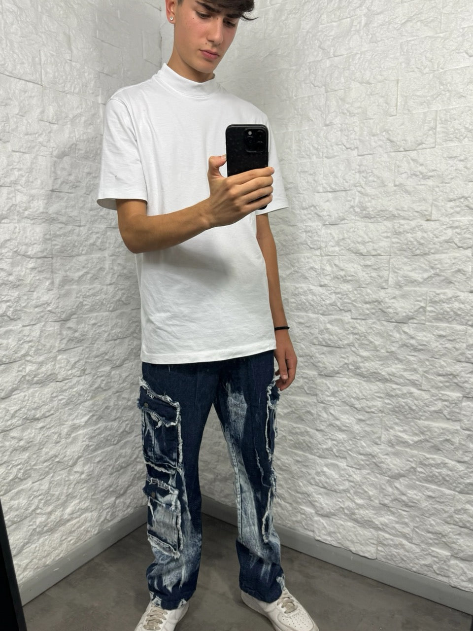 Jeans cargo blu con tasconi e strappi sfilacciati 4-14 anni