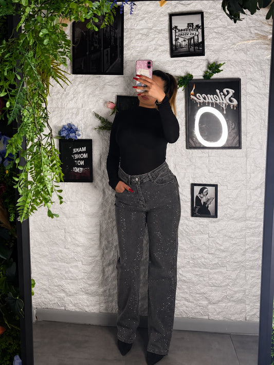 Jeans grigio slavato in denim wide leg con strass