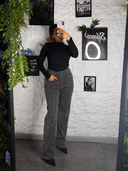 Jeans grigio slavato in denim wide leg con strass