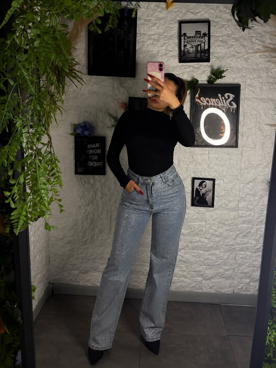 Jeans azzurro chiaro slavato in denim wide leg con strass
