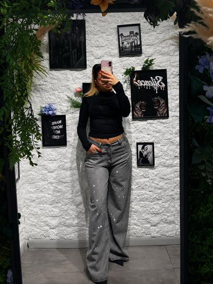 Jeans grigio slavato in denim wide leg con strass