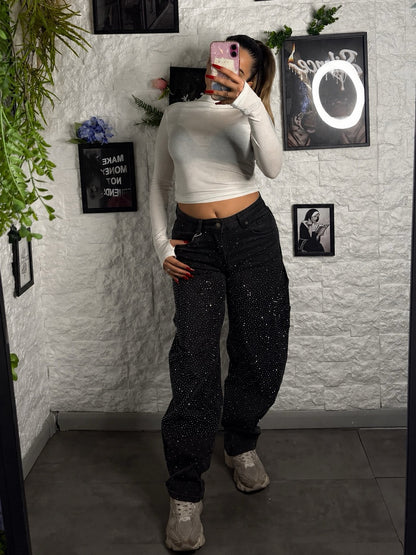 Jeans nero in denim carpenter baggy con strass