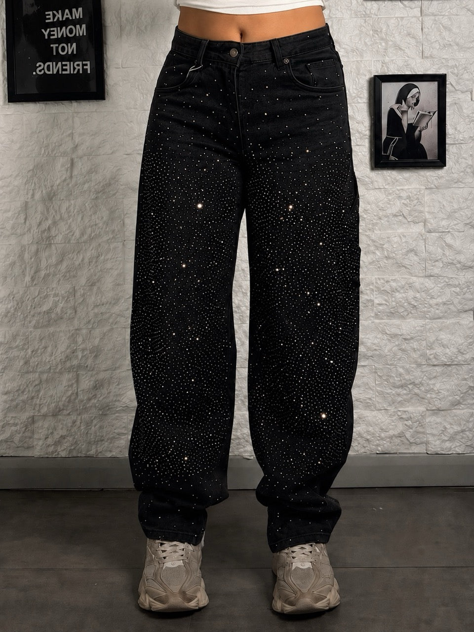 Jeans nero in denim carpenter baggy con strass