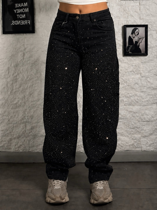 Jeans nero in denim carpenter baggy con strass