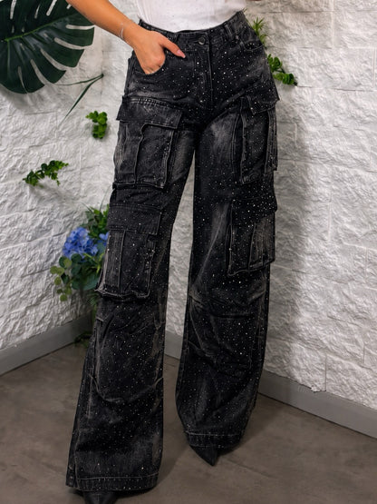 Jeans nero slavato in denim cargo a palazzo con brillantini