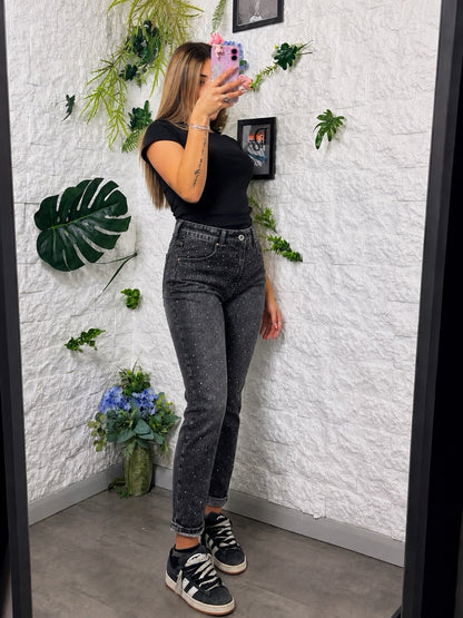Jeans grigio slavato in denim slim con strass