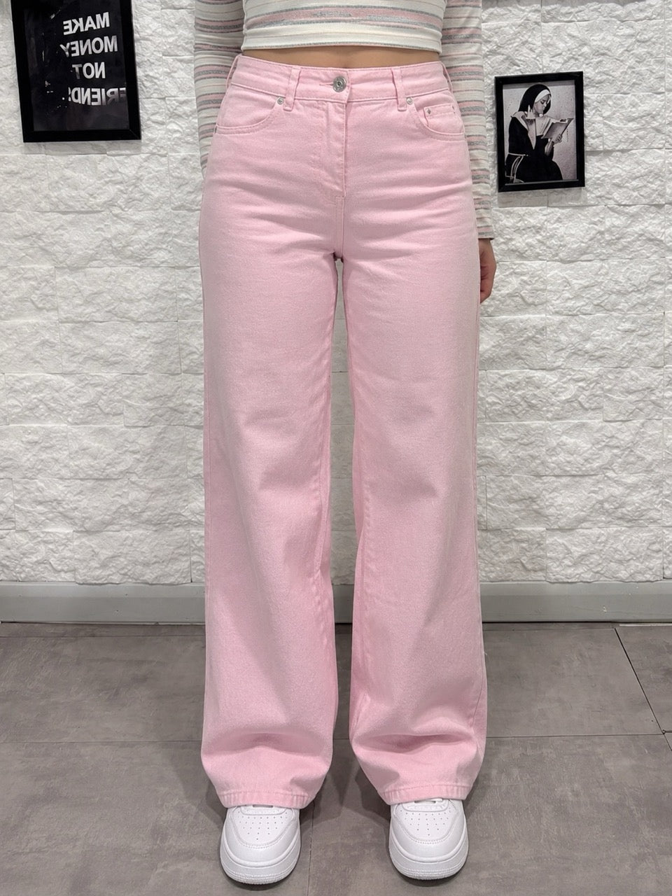 Jeans rosa pastello in denim a palazzo con vita alta