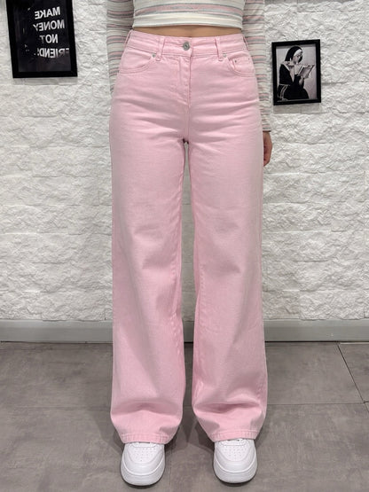 Jeans rosa pastello in denim a palazzo con vita alta