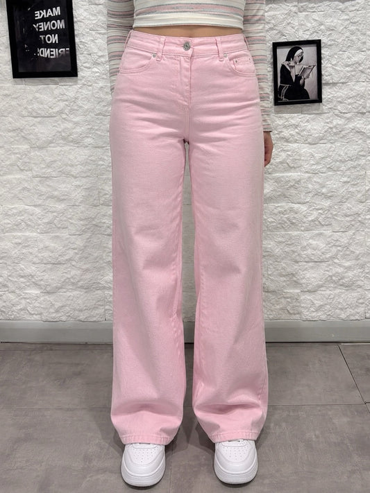 Jeans rosa pastello in denim a palazzo con vita alta