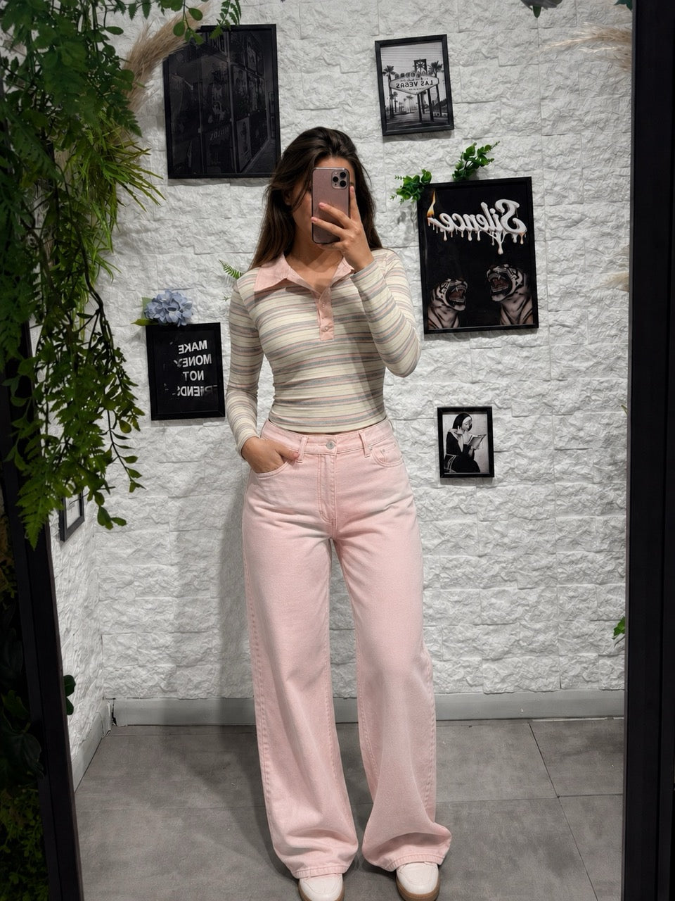 Jeans rosa pastello in denim a palazzo con vita alta