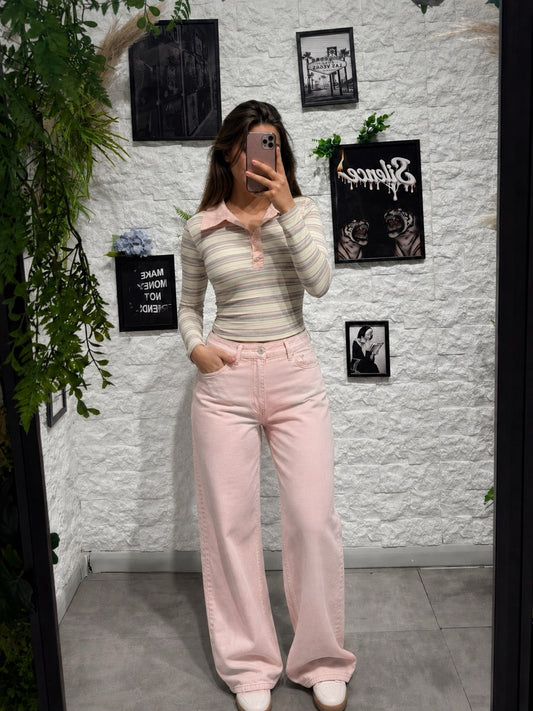 Jeans rosa pastello in denim a palazzo con vita alta