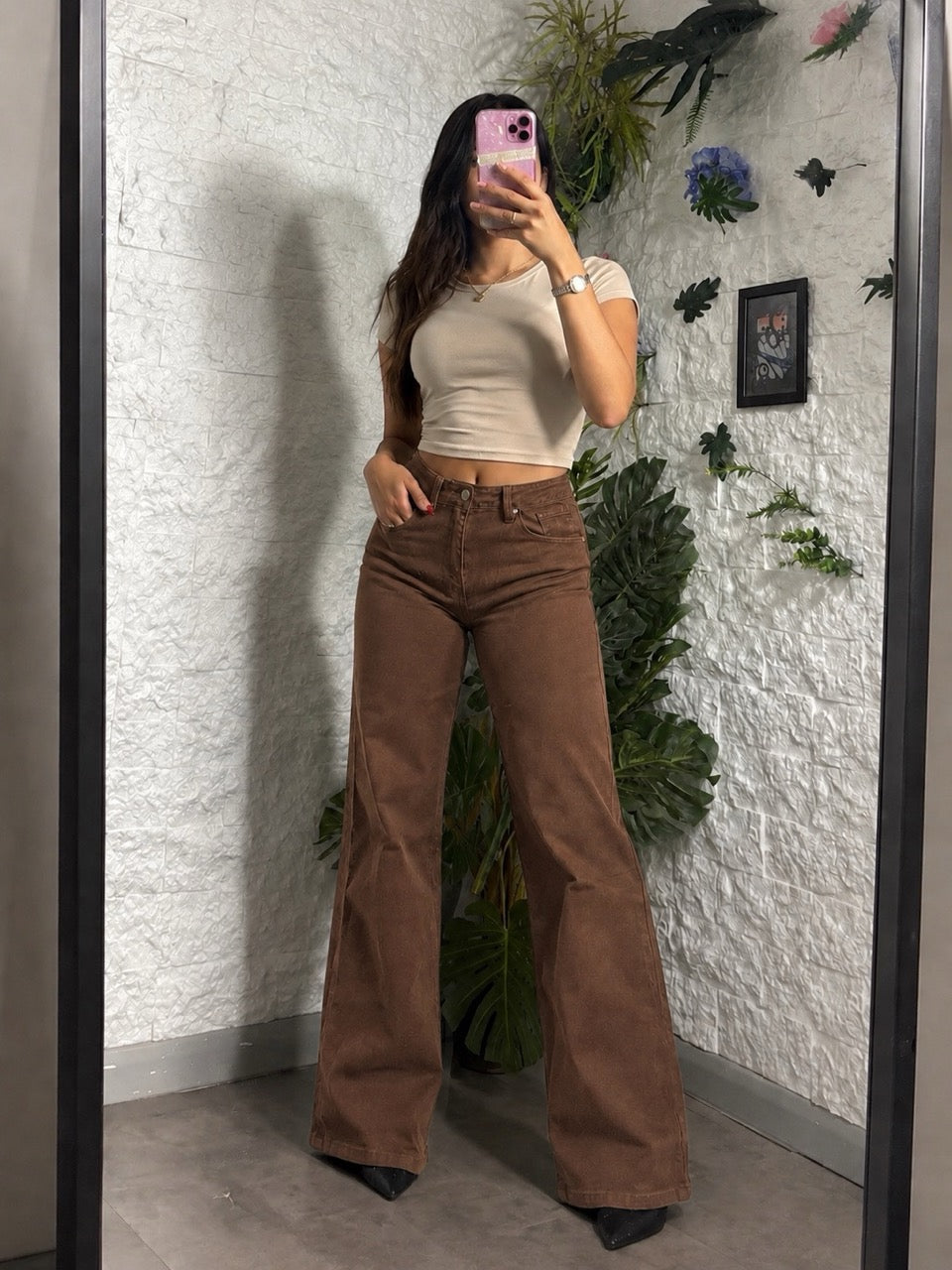 Jeans marrone cioccolato in denim a palazzo con vita alta