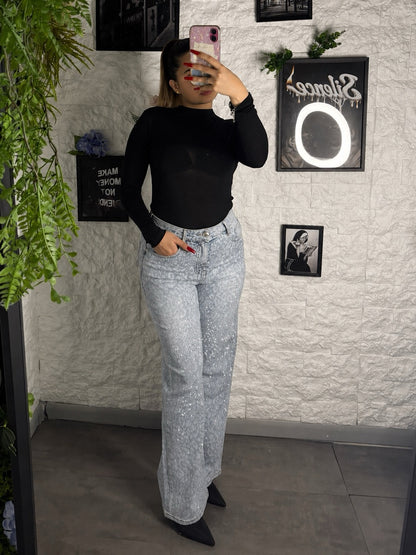 Jeans azzurro ghiaccio maculato in denim a palazzo con strass
