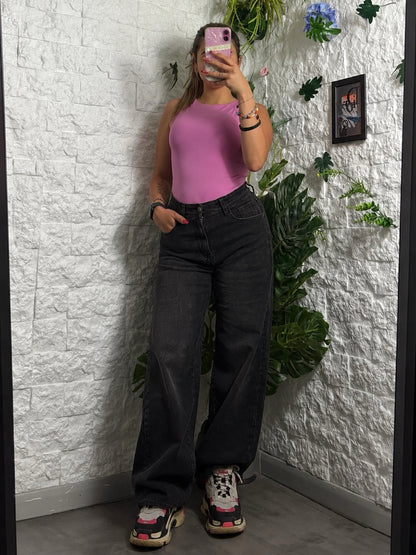 Jeans grigio scuro slavato in denim a palazzo con vita alta