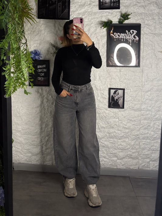 Jeans grigio slavato in denim balloon