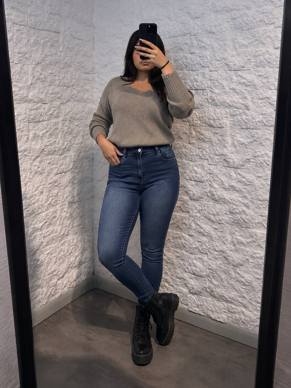 Jeans blu medio in denim skinny con vita alta