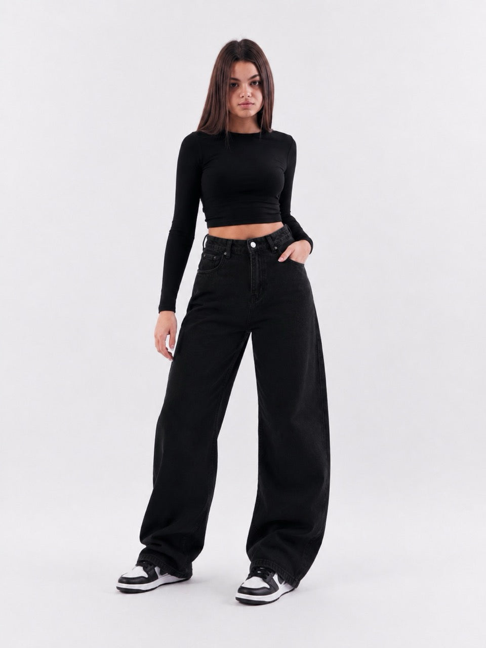 Jeans nero in denim a vita alta extra balloon