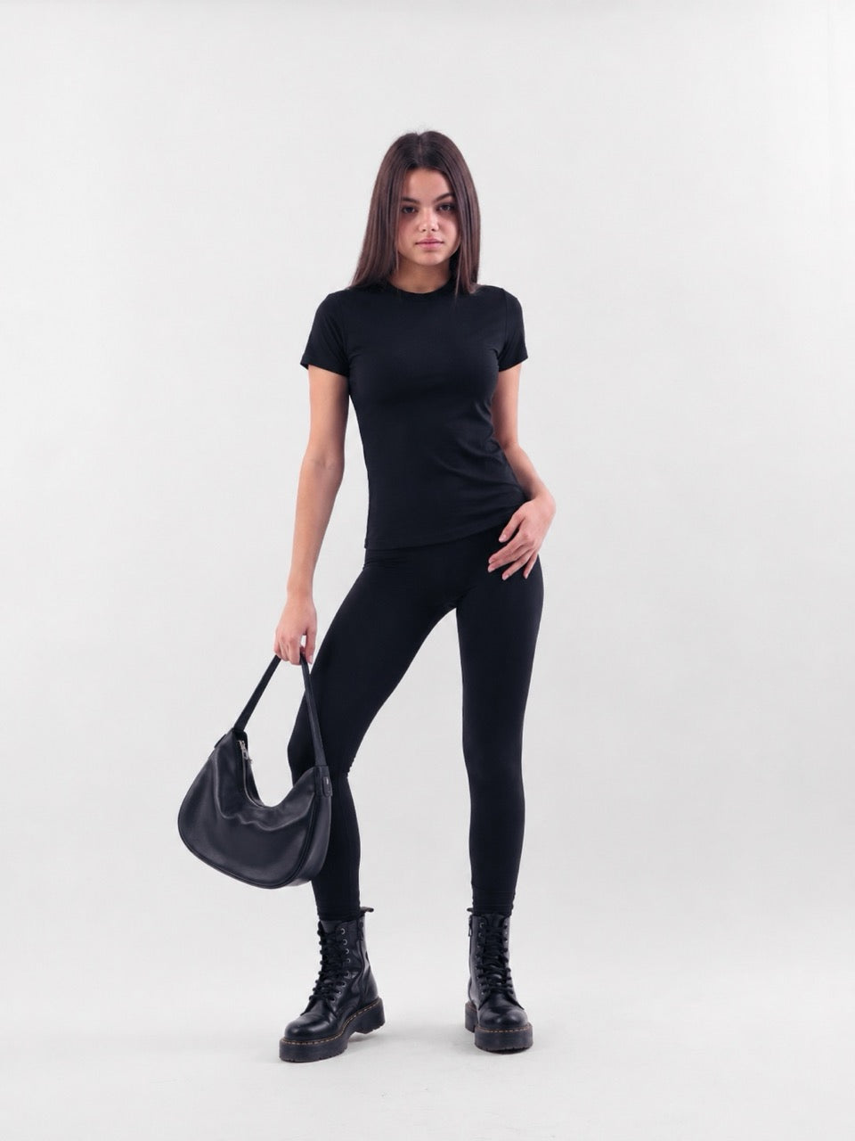 Leggings neri in cotone a tinta unita con fascia alta