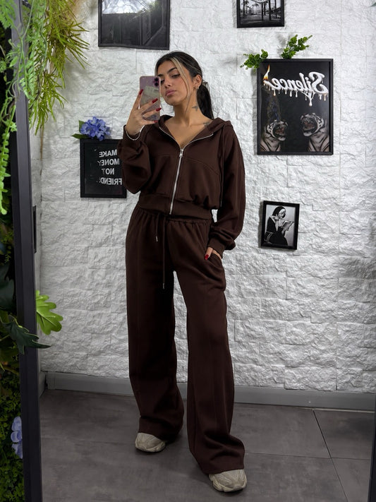 Completo con felpa crop cappuccio e pantalone palazzo - GARZATO