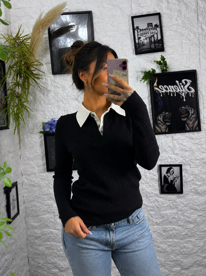 Maglioncino in maglia intrecciata con colletto camicia integrato