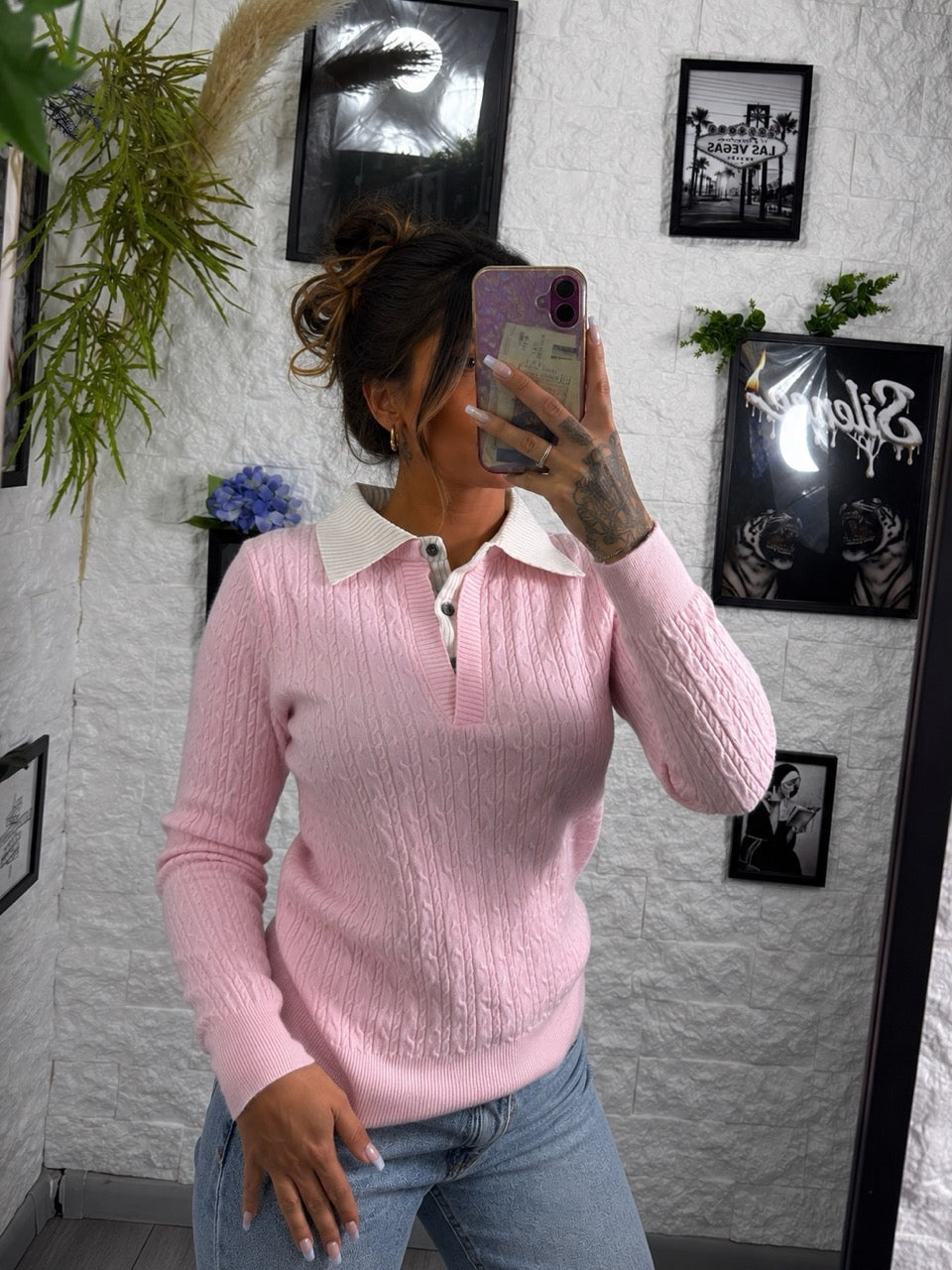 Maglioncino in maglia intrecciata con colletto camicia integrato