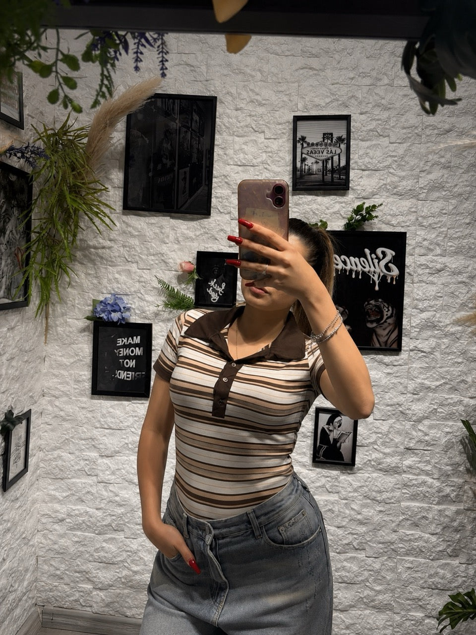 Body a polo a righe con colletto e bottoni frontali
