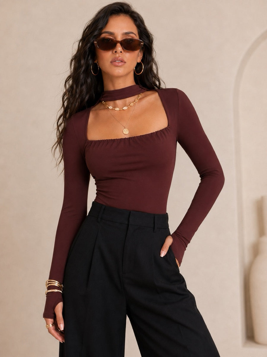 Body bordeaux con scollo quadrato e maniche a guant