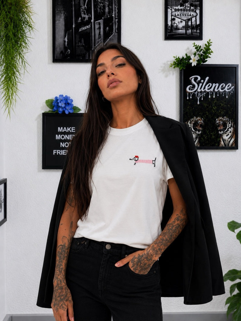 T-shirt bianca con ricamo bassotto