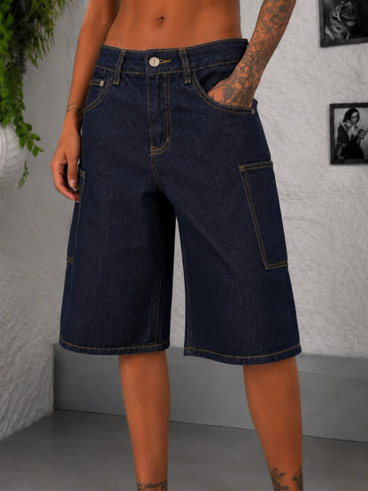 Bermuda jort blu scuro in denim con tasche laterali