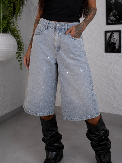 Bermuda jort grigio slavato in denim con brillantini