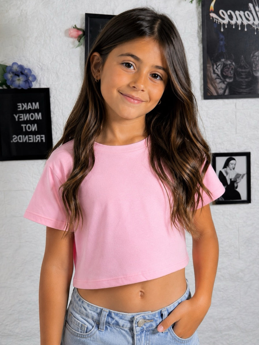 T-shirt rosa crop in tinta unita 4-14 anni
