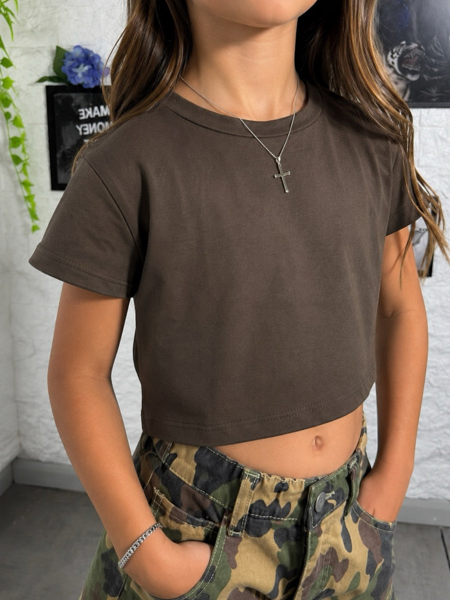 T-shirt marrone crop in tinta unita 4-14 anni