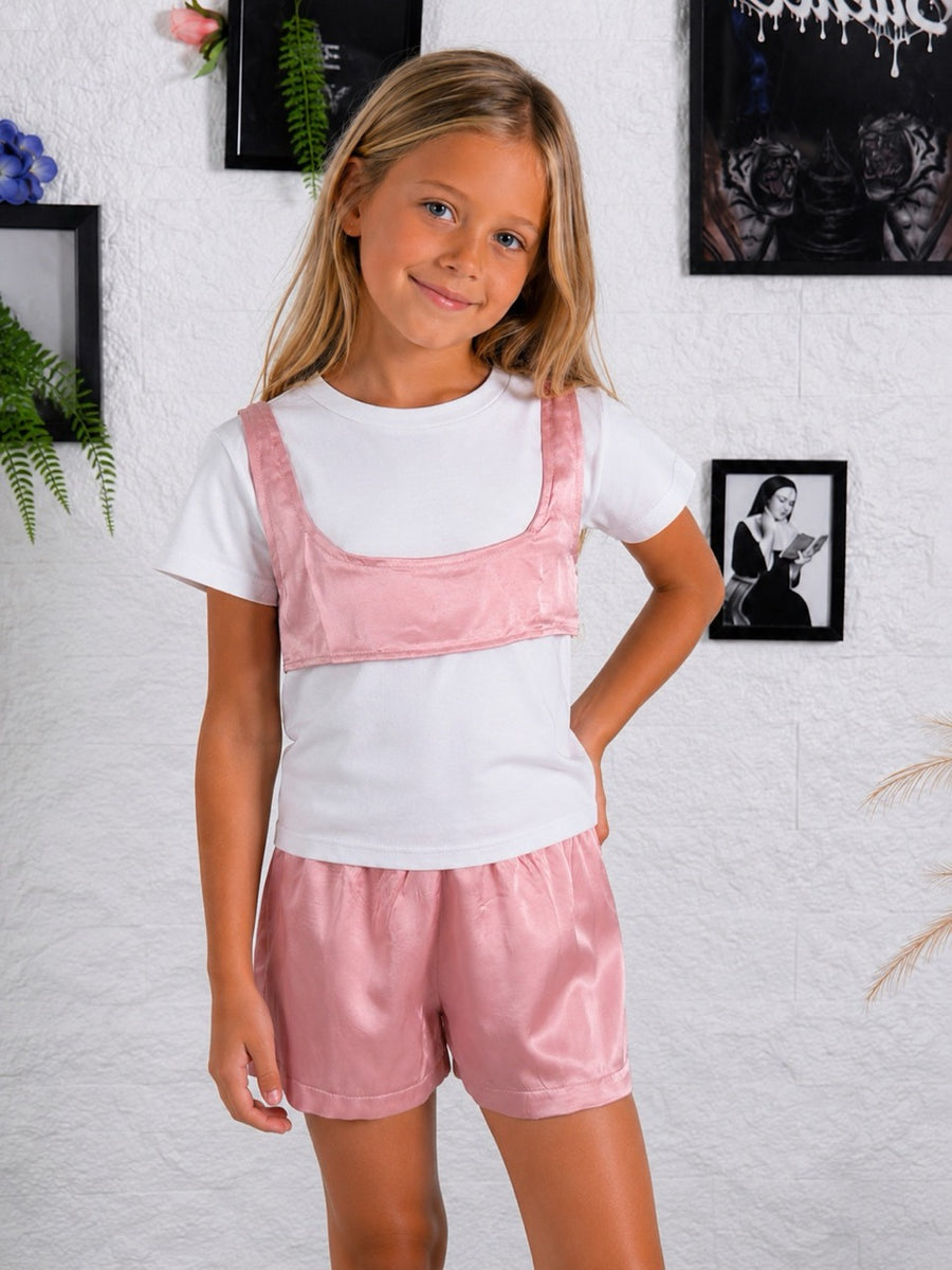 Completo bianco e rosa con top e shorts in simil raso 4-14 anni